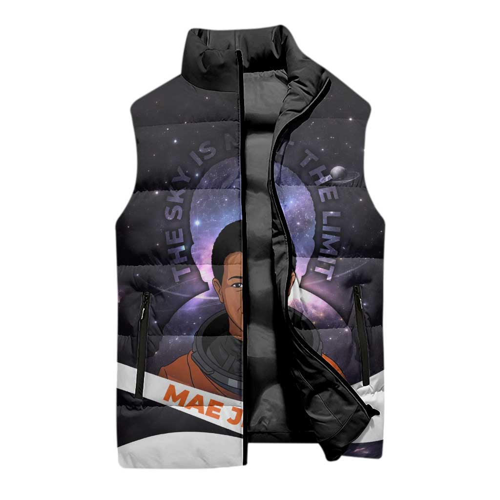Mae Jemison Sleeveless Puffer Jacket Cartoon Astronaut Portrait, The Sky Is Not the Limit Quote and Galaxy Dreamer - Wonder Print Shop