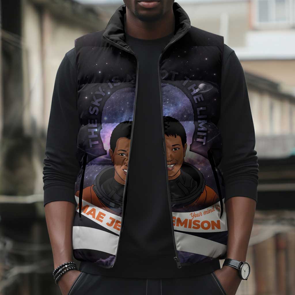 Mae Jemison Sleeveless Puffer Jacket Cartoon Astronaut Portrait, The Sky Is Not the Limit Quote and Galaxy Dreamer - Wonder Print Shop