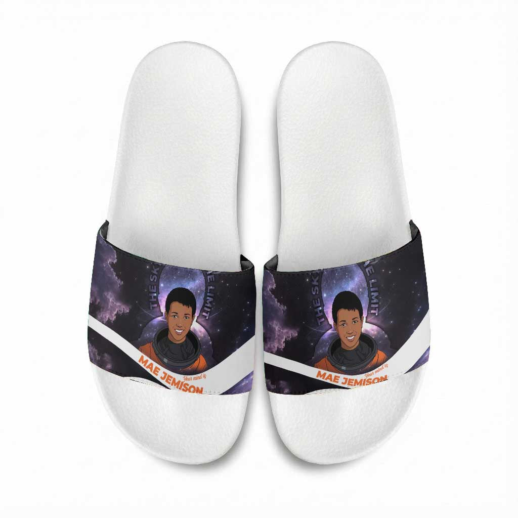 Mae Jemison Slide Sandals Cartoon Astronaut Portrait, The Sky Is Not the Limit Quote and Galaxy Dreamer - Wonder Print Shop