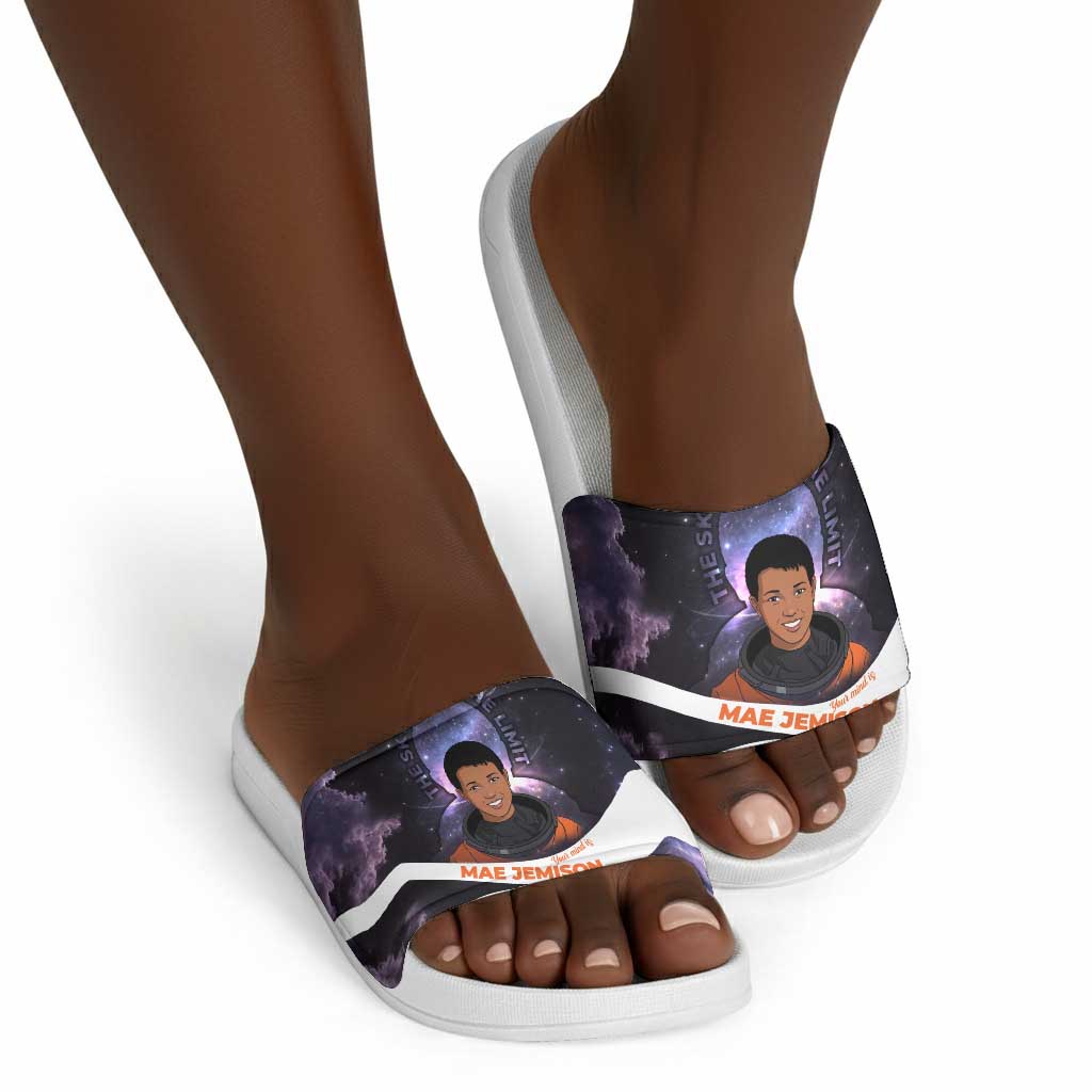 Mae Jemison Slide Sandals Cartoon Astronaut Portrait, The Sky Is Not the Limit Quote and Galaxy Dreamer - Wonder Print Shop