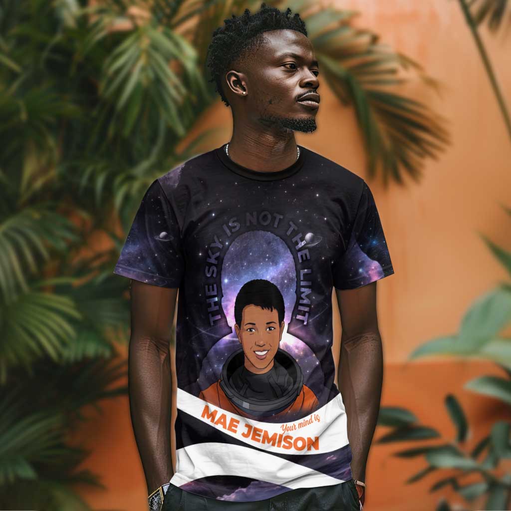 Mae Jemison T shirt Cartoon Astronaut Portrait, The Sky Is Not the Limit Quote and Galaxy Dreamer - Wonder Print Shop