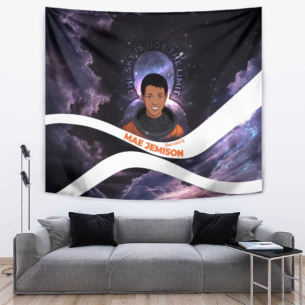 Mae Jemison Tapestry Cartoon Astronaut Portrait, The Sky Is Not the Limit Quote and Galaxy Dreamer - Wonder Print Shop
