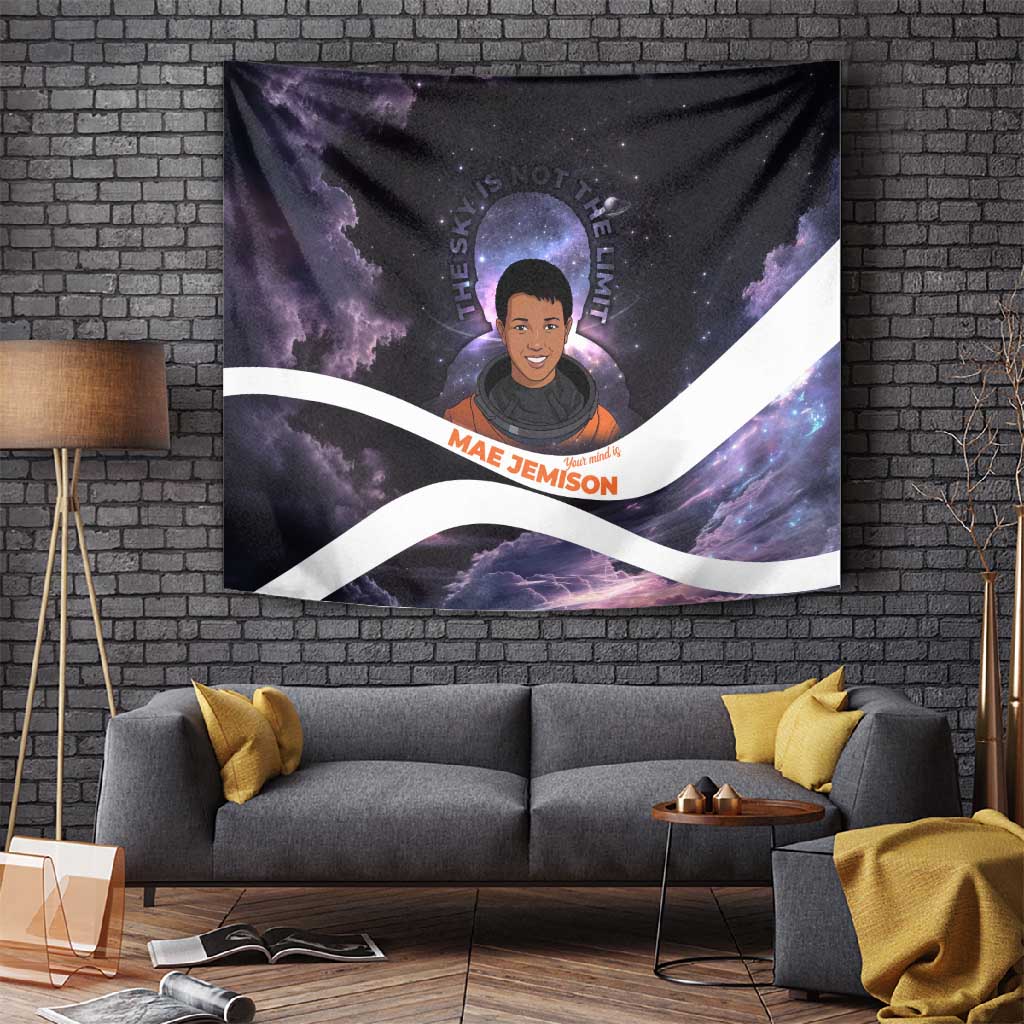 Mae Jemison Tapestry Cartoon Astronaut Portrait, The Sky Is Not the Limit Quote and Galaxy Dreamer - Wonder Print Shop