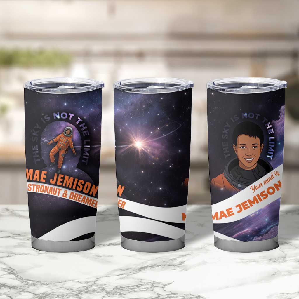 Mae Jemison Tumbler Cup Cartoon Astronaut Portrait, The Sky Is Not the Limit Quote and Galaxy Dreamer - Wonder Print Shop