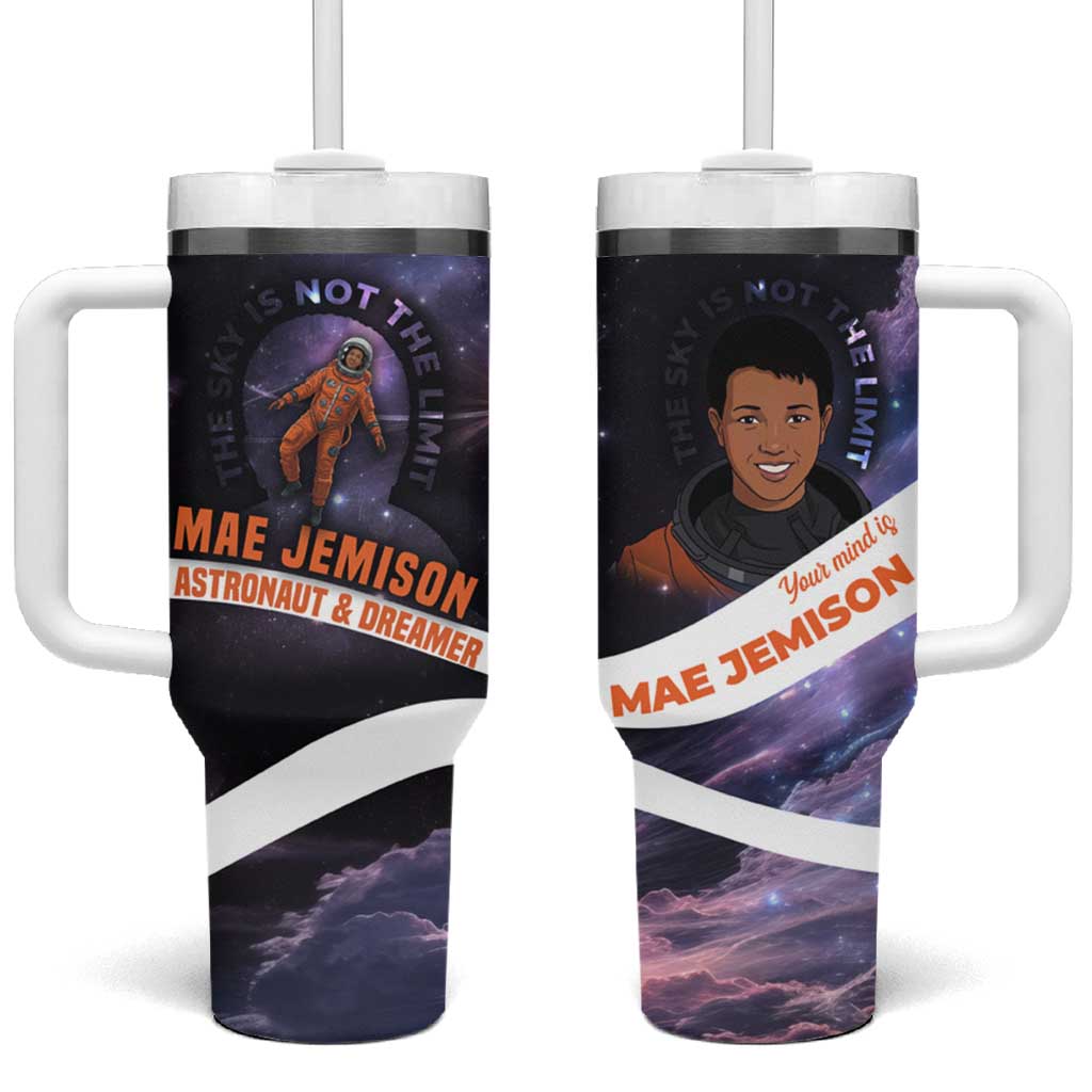 Mae Jemison Tumbler With Handle Cartoon Astronaut Portrait, The Sky Is Not the Limit Quote and Galaxy Dreamer - Wonder Print Shop