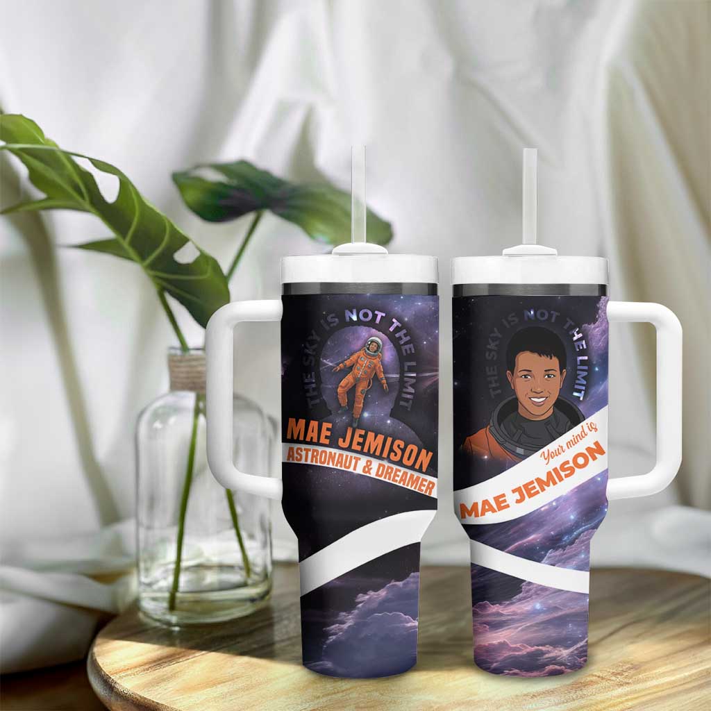 Mae Jemison Tumbler With Handle Cartoon Astronaut Portrait, The Sky Is Not the Limit Quote and Galaxy Dreamer - Wonder Print Shop