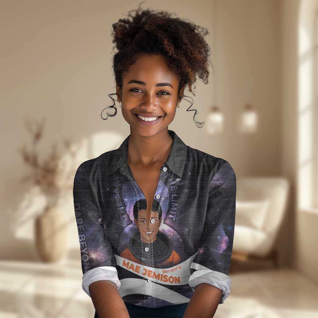 Mae Jemison Women Casual Shirt Cartoon Astronaut Portrait, The Sky Is Not the Limit Quote and Galaxy Dreamer - Wonder Print Shop