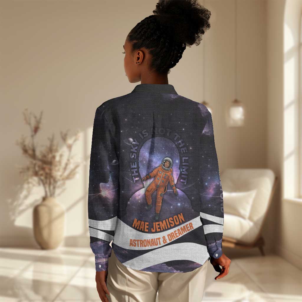 Mae Jemison Women Casual Shirt Cartoon Astronaut Portrait, The Sky Is Not the Limit Quote and Galaxy Dreamer - Wonder Print Shop