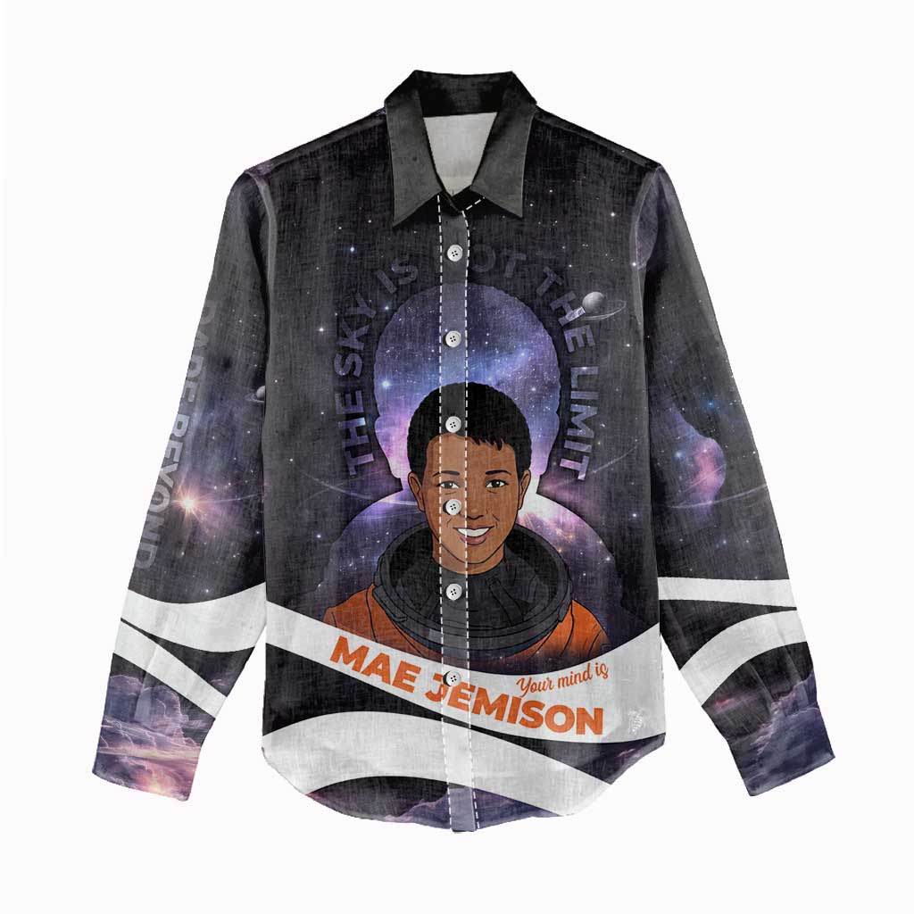 Mae Jemison Women Casual Shirt Cartoon Astronaut Portrait, The Sky Is Not the Limit Quote and Galaxy Dreamer - Wonder Print Shop