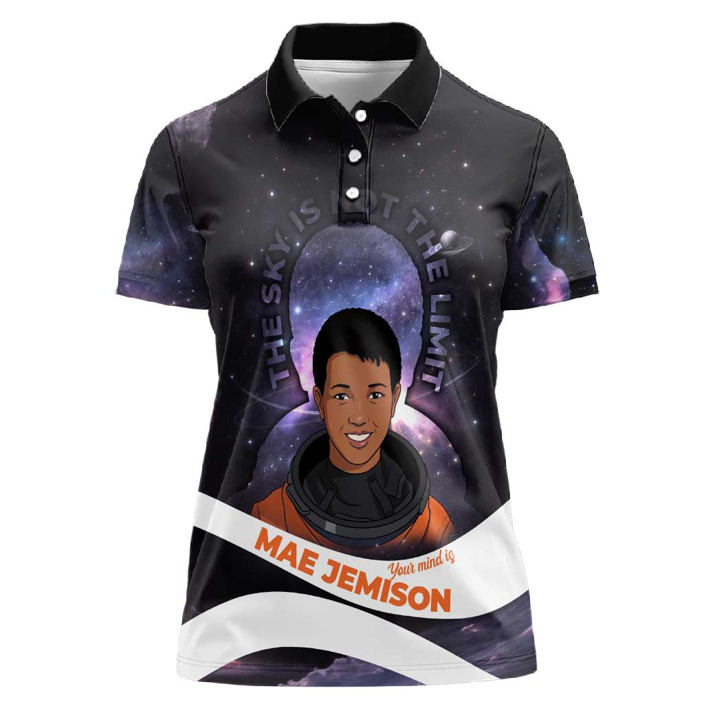 Mae Jemison Women Polo Shirt Cartoon Astronaut Portrait, The Sky Is Not the Limit Quote and Galaxy Dreamer - Wonder Print Shop