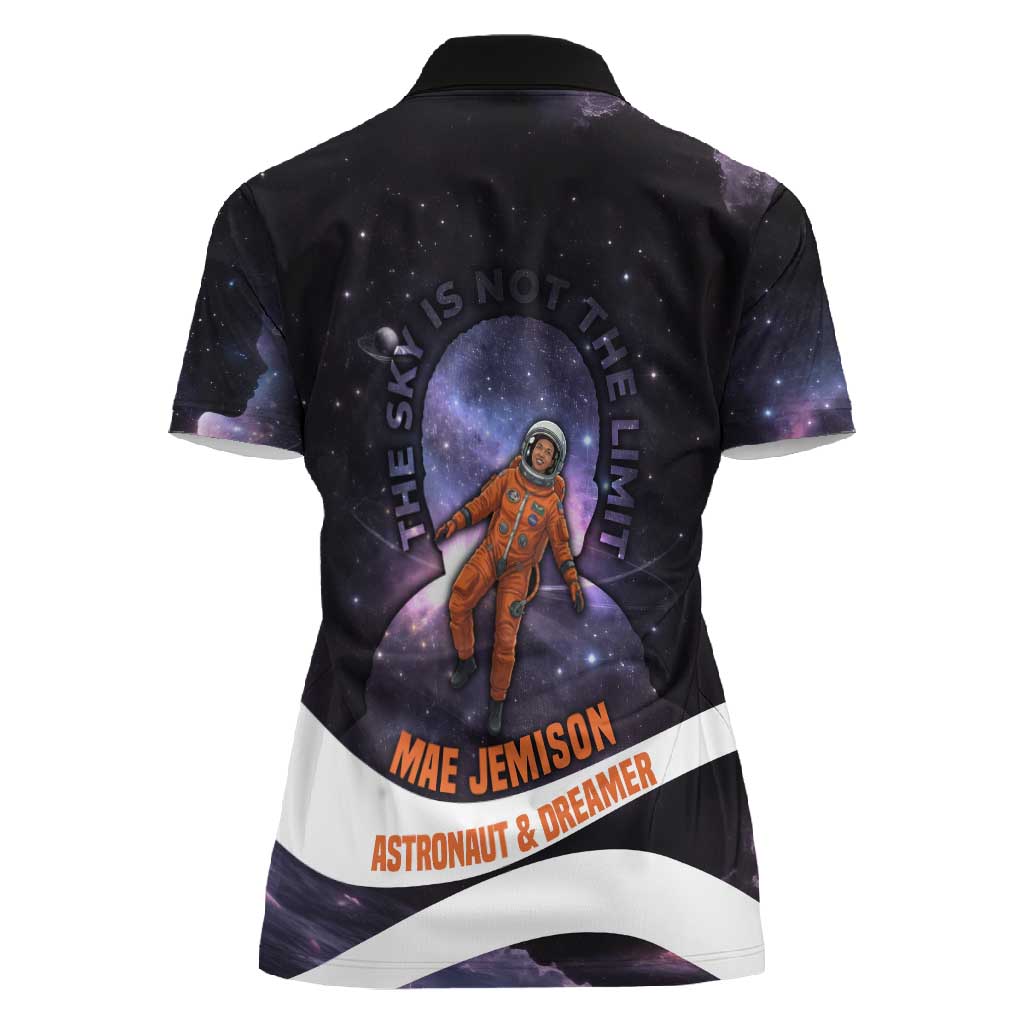 Mae Jemison Women Polo Shirt Cartoon Astronaut Portrait, The Sky Is Not the Limit Quote and Galaxy Dreamer - Wonder Print Shop