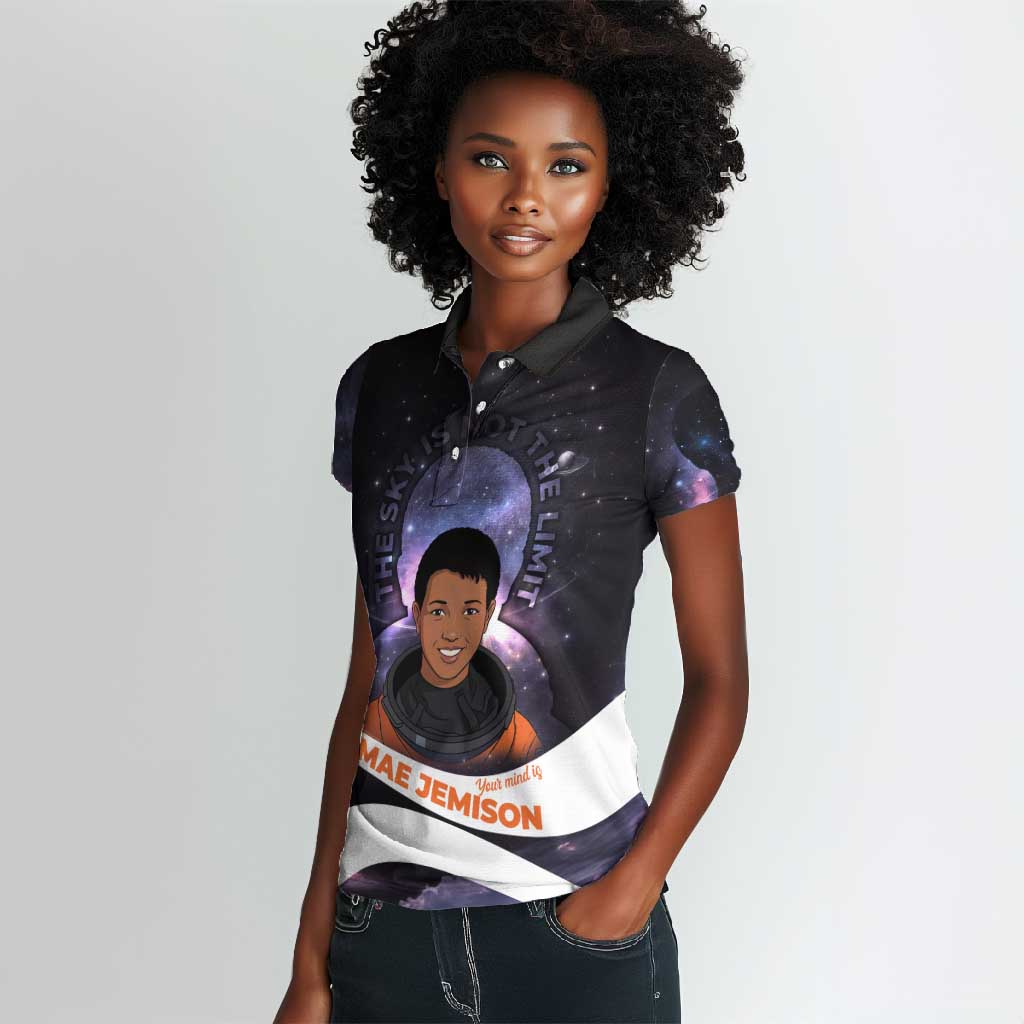 Mae Jemison Women Polo Shirt Cartoon Astronaut Portrait, The Sky Is Not the Limit Quote and Galaxy Dreamer - Wonder Print Shop