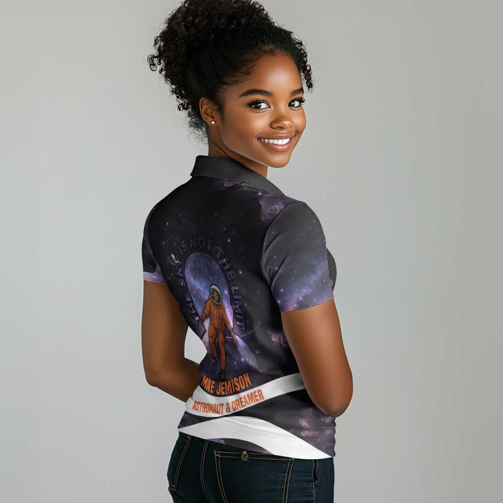 Mae Jemison Women Polo Shirt Cartoon Astronaut Portrait, The Sky Is Not the Limit Quote and Galaxy Dreamer - Wonder Print Shop