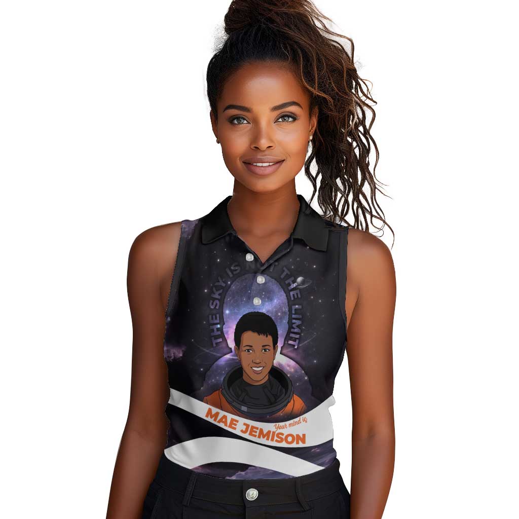 Mae Jemison Women Sleeveless Polo Shirt Cartoon Astronaut Portrait, The Sky Is Not the Limit Quote and Galaxy Dreamer - Wonder Print Shop