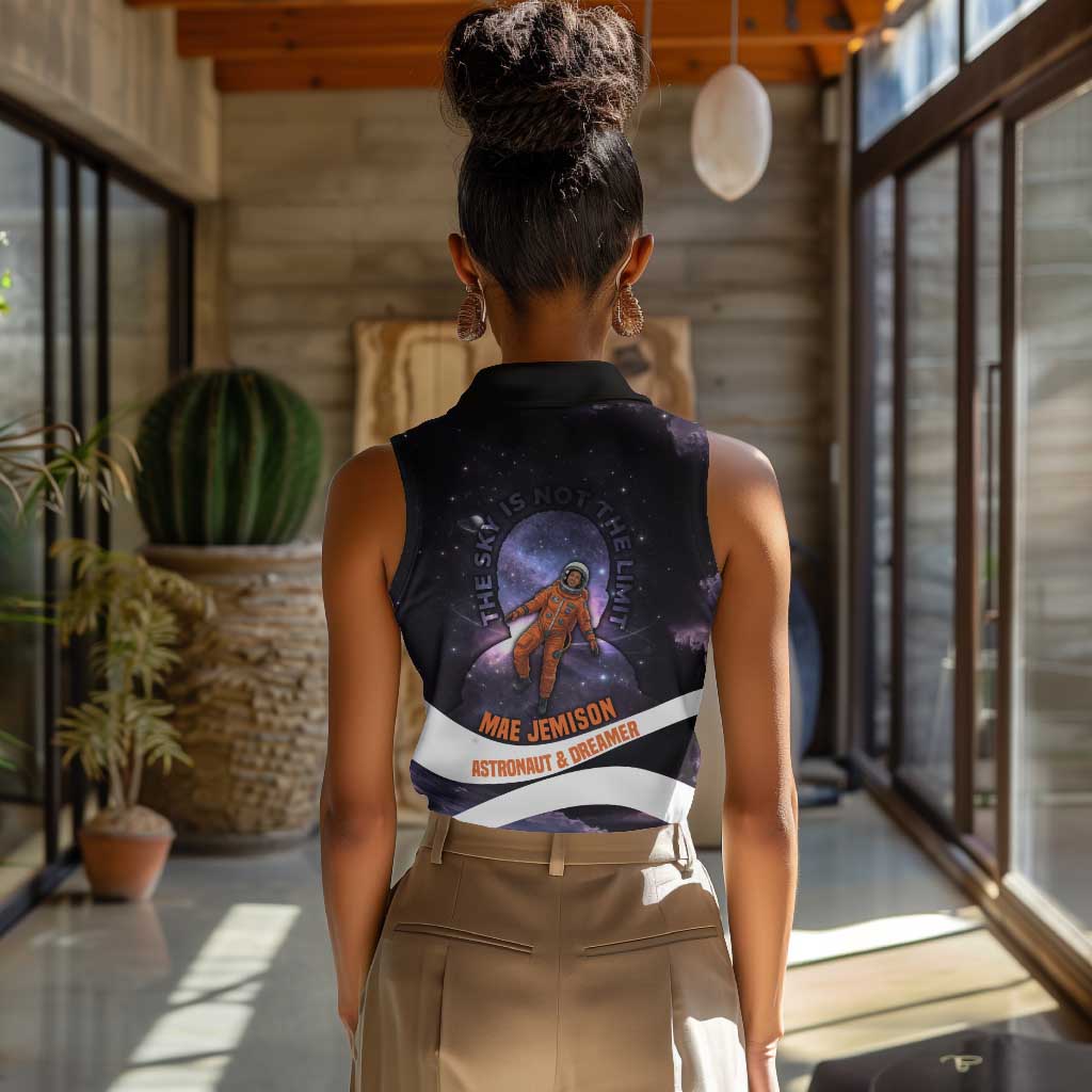 Mae Jemison Women Sleeveless Polo Shirt Cartoon Astronaut Portrait, The Sky Is Not the Limit Quote and Galaxy Dreamer - Wonder Print Shop