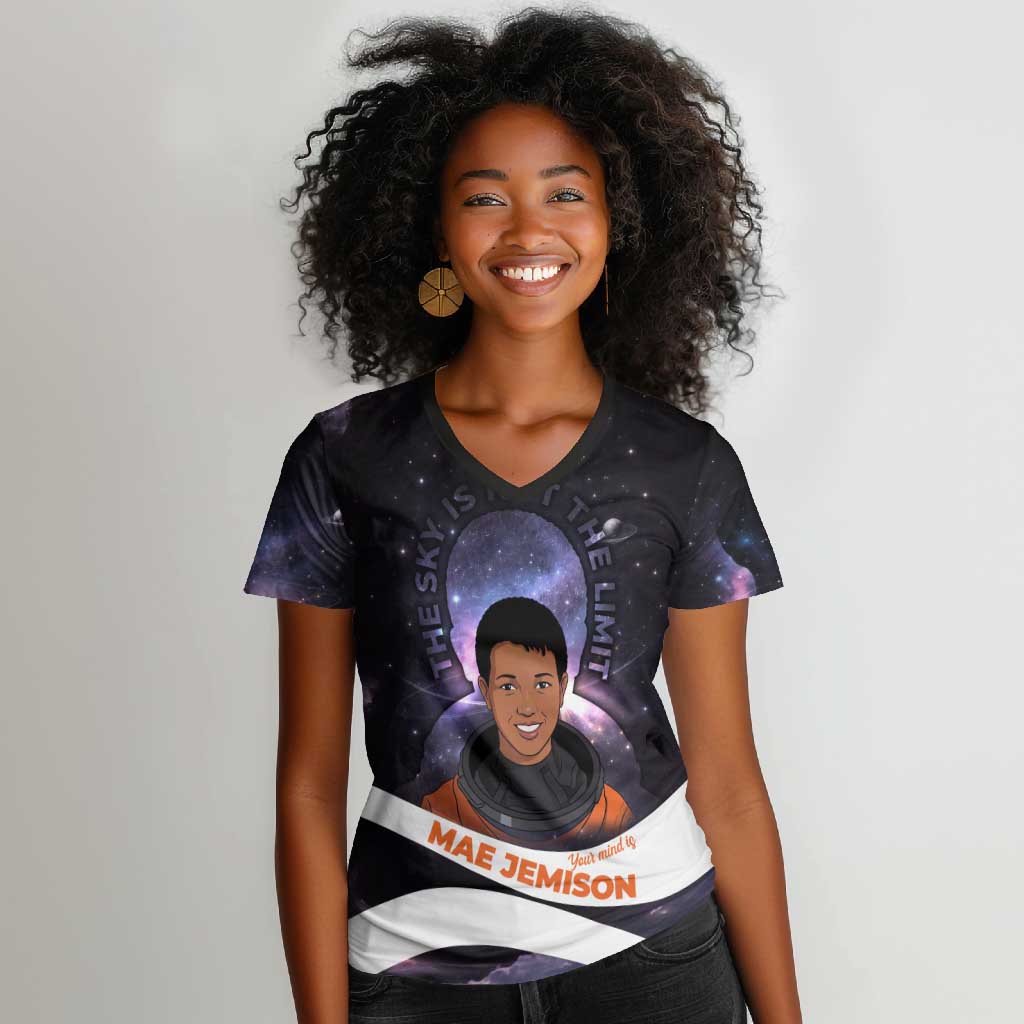 Mae Jemison Women V-Neck T-Shirt Cartoon Astronaut Portrait, The Sky Is Not the Limit Quote and Galaxy Dreamer - Wonder Print Shop