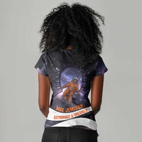 Mae Jemison Women V-Neck T-Shirt Cartoon Astronaut Portrait, The Sky Is Not the Limit Quote and Galaxy Dreamer - Wonder Print Shop