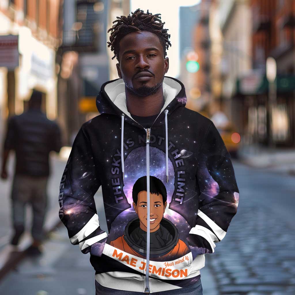 Mae Jemison Zip Hoodie Cartoon Astronaut Portrait, The Sky Is Not the Limit Quote and Galaxy Dreamer - Wonder Print Shop