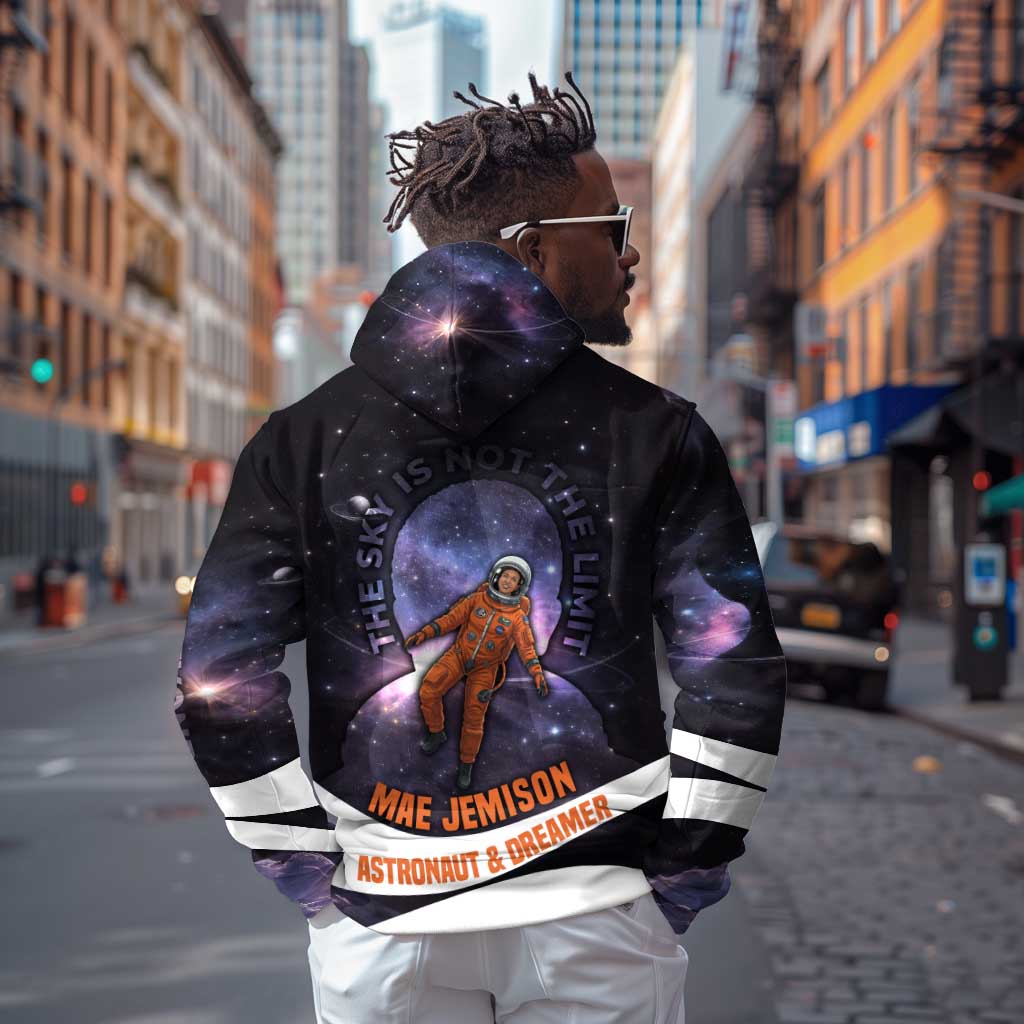 Mae Jemison Zip Hoodie Cartoon Astronaut Portrait, The Sky Is Not the Limit Quote and Galaxy Dreamer - Wonder Print Shop