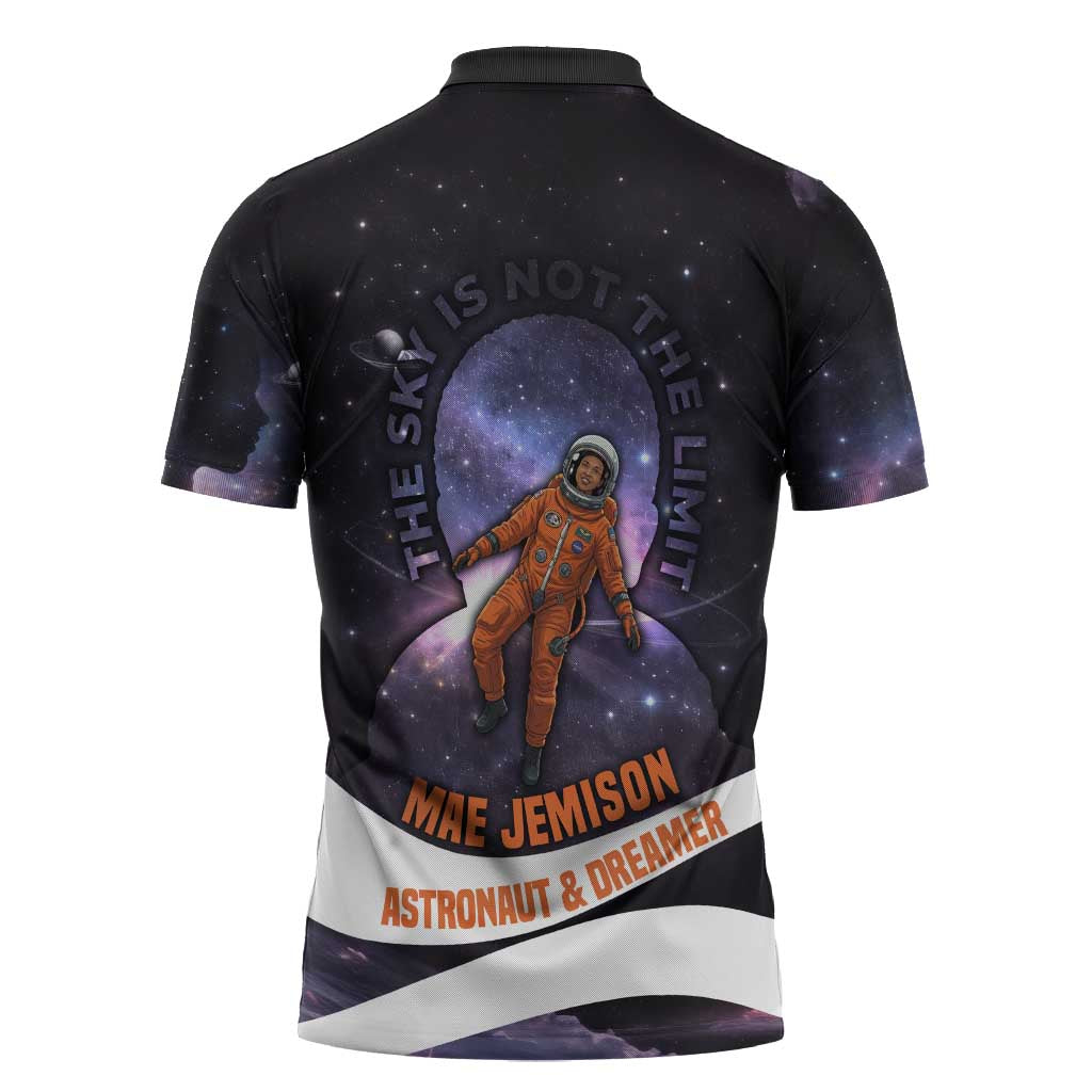 Mae Jemison Zipper Polo Shirt Cartoon Astronaut Portrait, The Sky Is Not the Limit Quote and Galaxy Dreamer - Wonder Print Shop