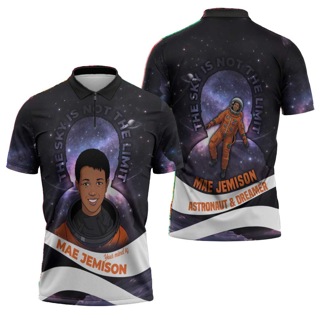 Mae Jemison Zipper Polo Shirt Cartoon Astronaut Portrait, The Sky Is Not the Limit Quote and Galaxy Dreamer - Wonder Print Shop