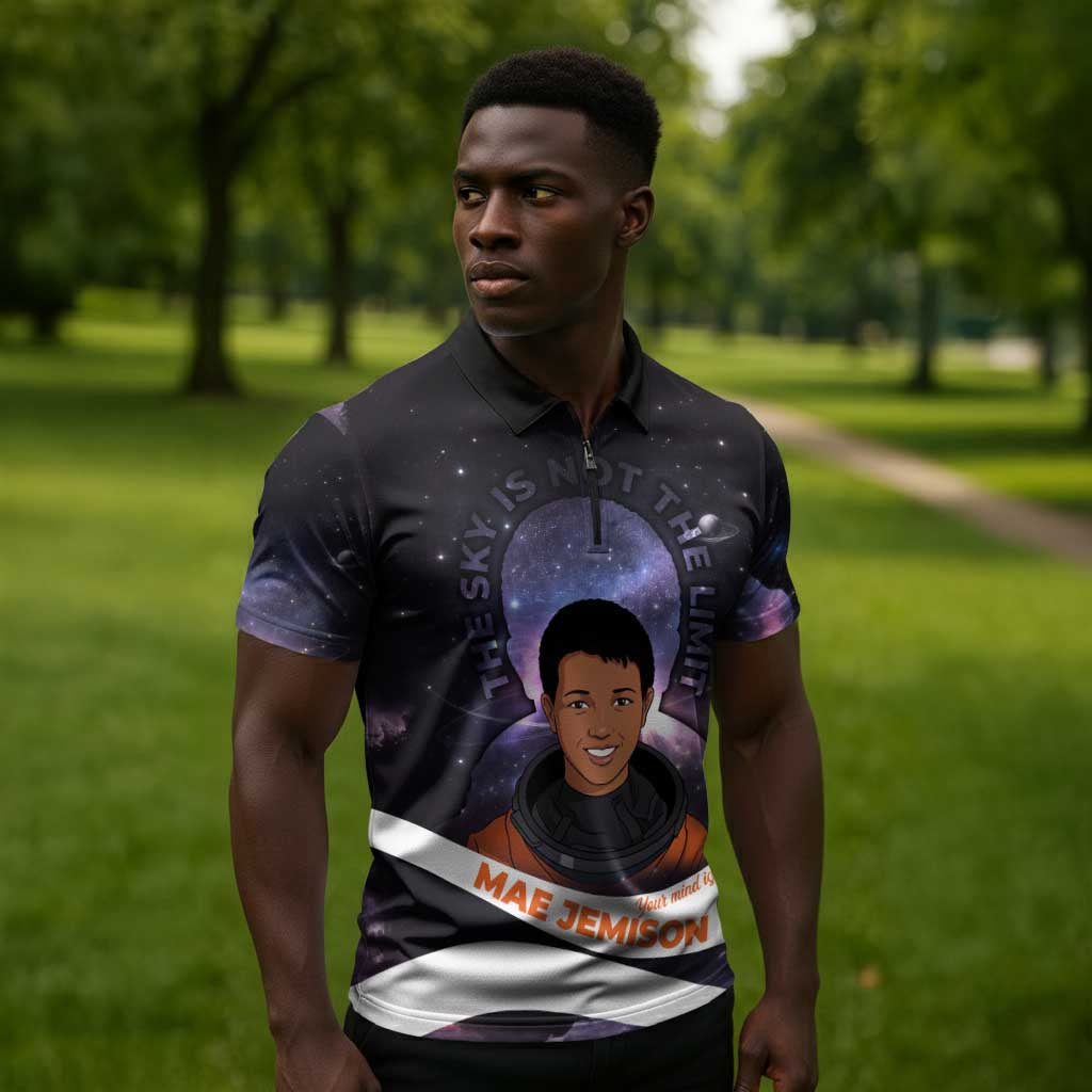 Mae Jemison Zipper Polo Shirt Cartoon Astronaut Portrait, The Sky Is Not the Limit Quote and Galaxy Dreamer - Wonder Print Shop