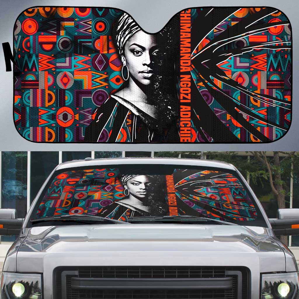 Chimamanda Ngozi Adichie Auto Sun Shade with Monochrome Portrait, The Danger of a Single Story Quote - Wonder Print Shop