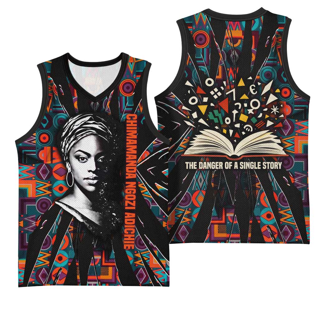 Chimamanda Ngozi Adichie Basketball Jersey with Monochrome Portrait, The Danger of a Single Story Quote - Wonder Print Shop