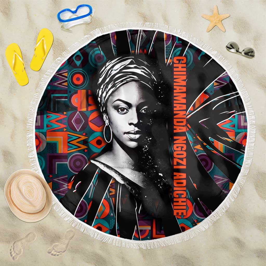 Chimamanda Ngozi Adichie Beach Blanket with Monochrome Portrait, The Danger of a Single Story Quote - Wonder Print Shop