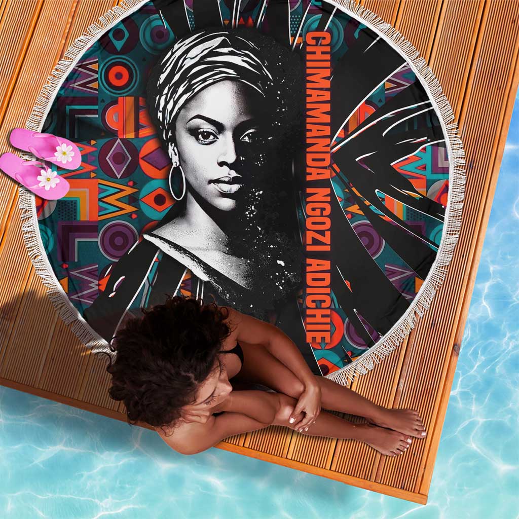 Chimamanda Ngozi Adichie Beach Blanket with Monochrome Portrait, The Danger of a Single Story Quote - Wonder Print Shop
