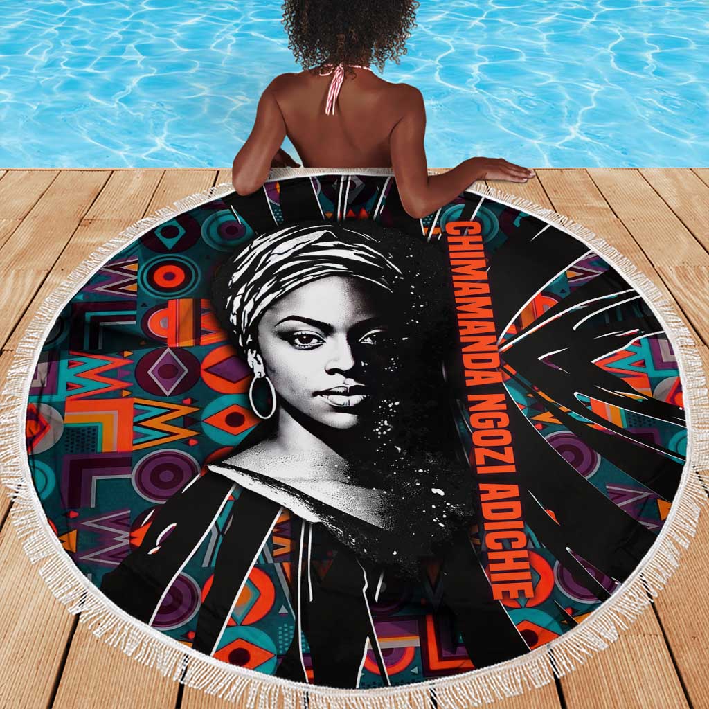 Chimamanda Ngozi Adichie Beach Blanket with Monochrome Portrait, The Danger of a Single Story Quote - Wonder Print Shop
