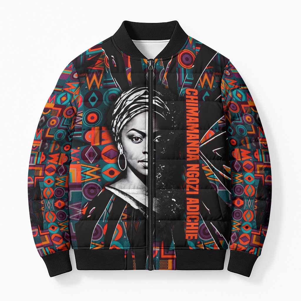 Chimamanda Ngozi Adichie Bomber Puffer Jacket with Monochrome Portrait, The Danger of a Single Story Quote - Wonder Print Shop