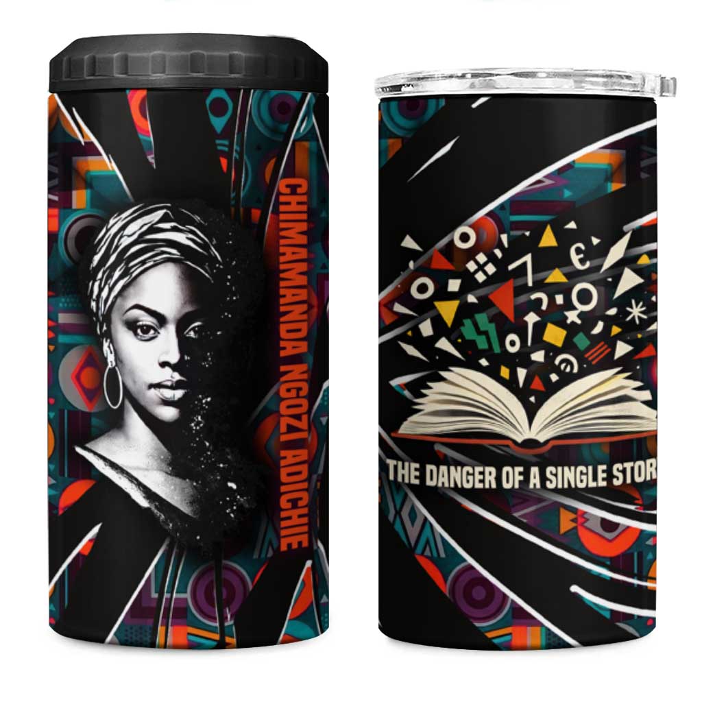 Chimamanda Ngozi Adichie 4 in 1 Can Cooler Tumbler with Monochrome Portrait, The Danger of a Single Story Quote - Wonder Print Shop