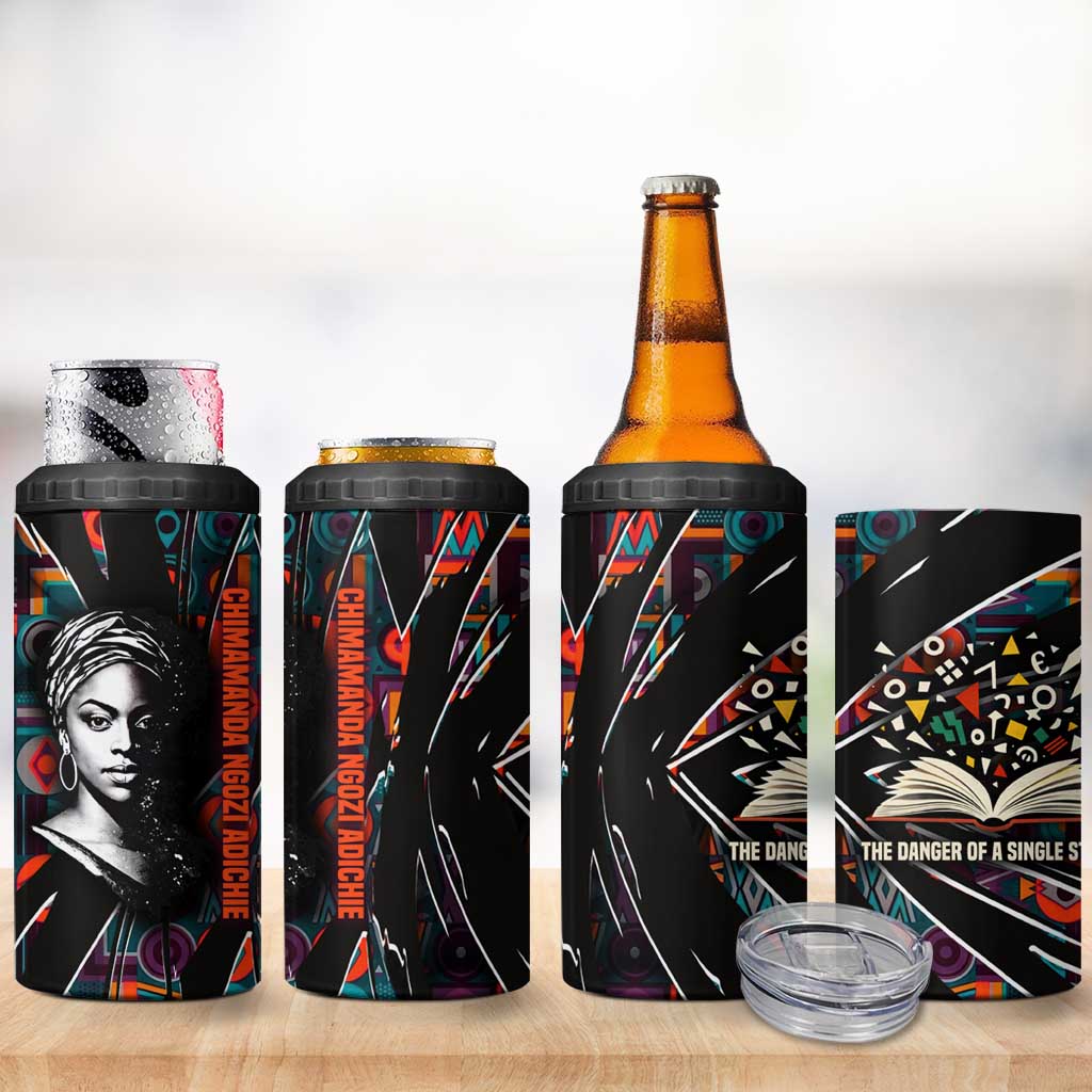 Chimamanda Ngozi Adichie 4 in 1 Can Cooler Tumbler with Monochrome Portrait, The Danger of a Single Story Quote - Wonder Print Shop