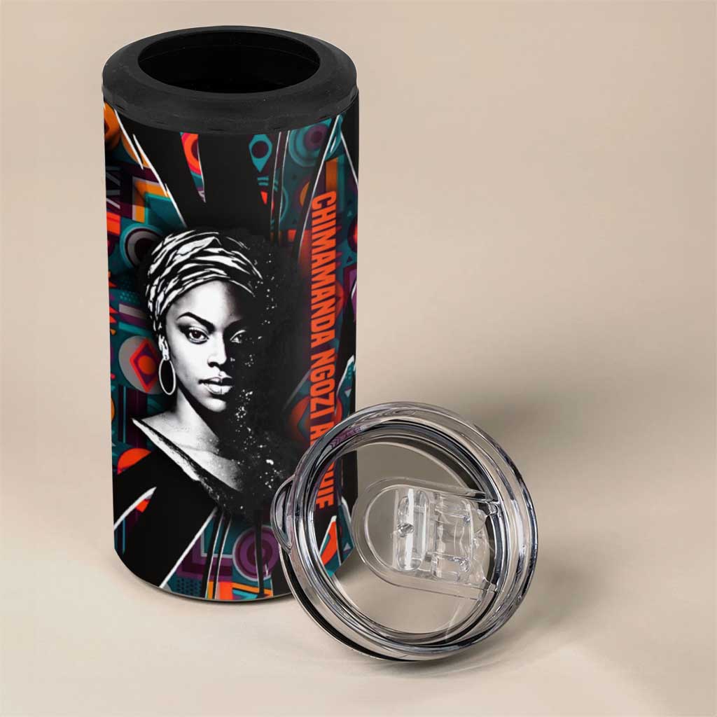 Chimamanda Ngozi Adichie 4 in 1 Can Cooler Tumbler with Monochrome Portrait, The Danger of a Single Story Quote - Wonder Print Shop