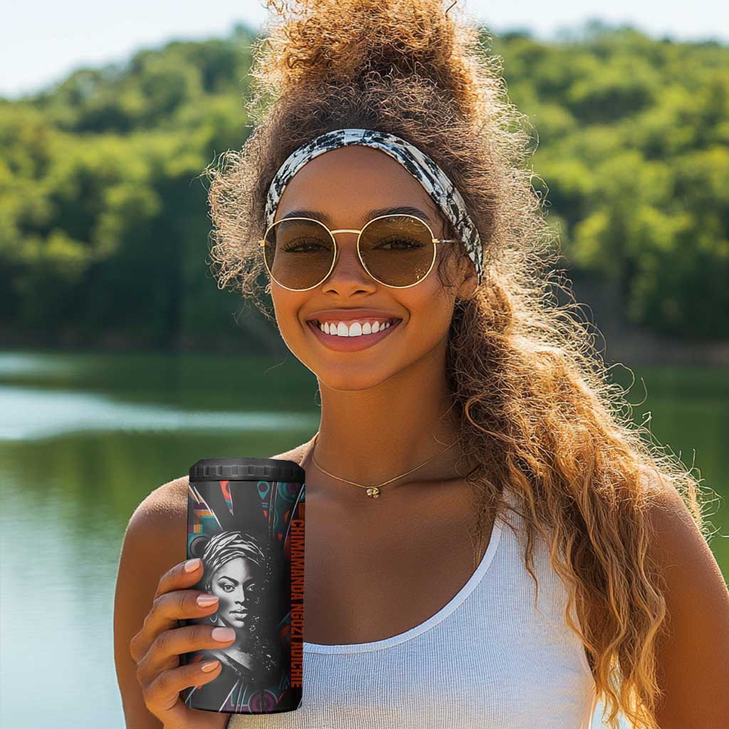 Chimamanda Ngozi Adichie 4 in 1 Can Cooler Tumbler with Monochrome Portrait, The Danger of a Single Story Quote - Wonder Print Shop