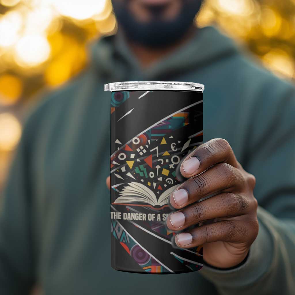 Chimamanda Ngozi Adichie 4 in 1 Can Cooler Tumbler with Monochrome Portrait, The Danger of a Single Story Quote - Wonder Print Shop