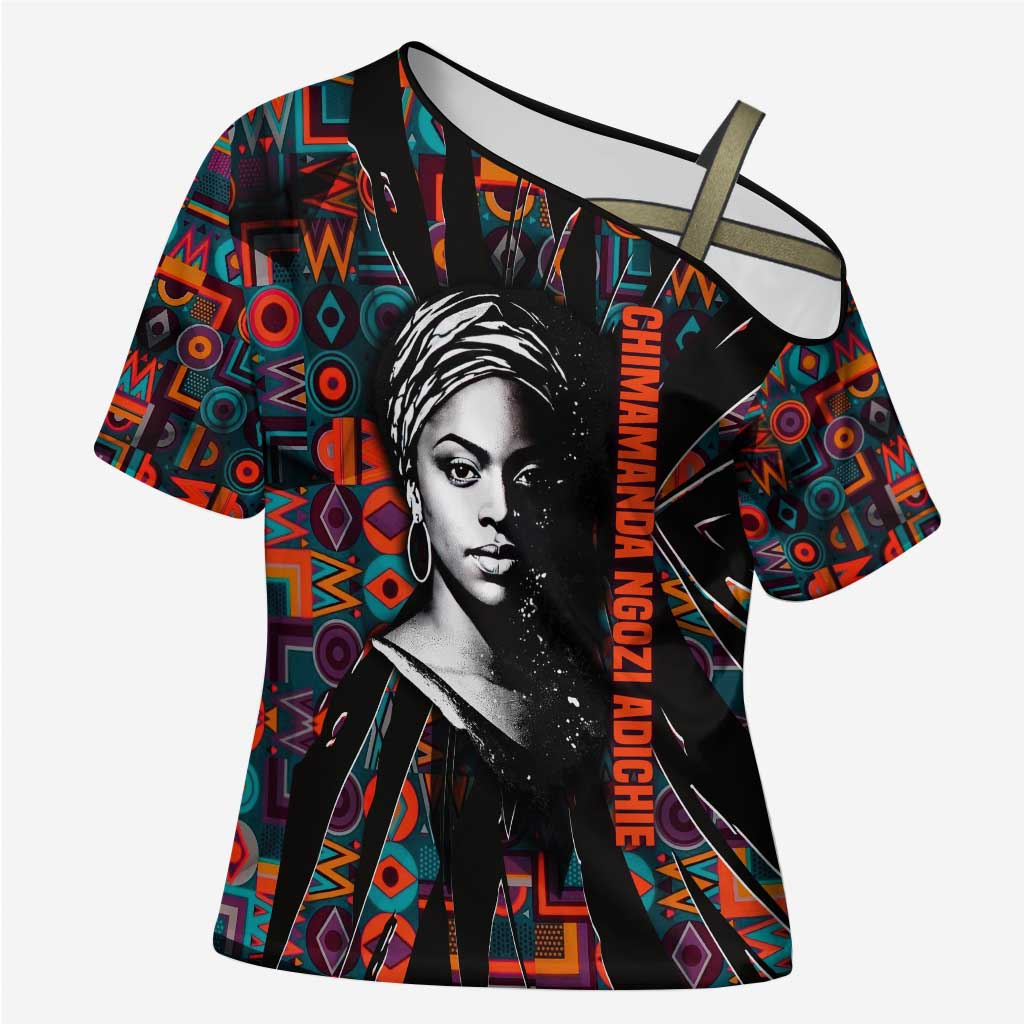 Chimamanda Ngozi Adichie Cross Shoulder Shirt with Monochrome Portrait, The Danger of a Single Story Quote - Wonder Print Shop