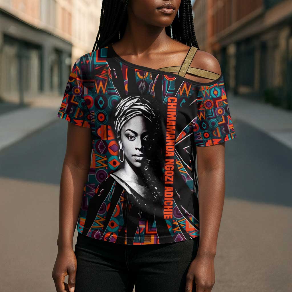 Chimamanda Ngozi Adichie Cross Shoulder Shirt with Monochrome Portrait, The Danger of a Single Story Quote - Wonder Print Shop