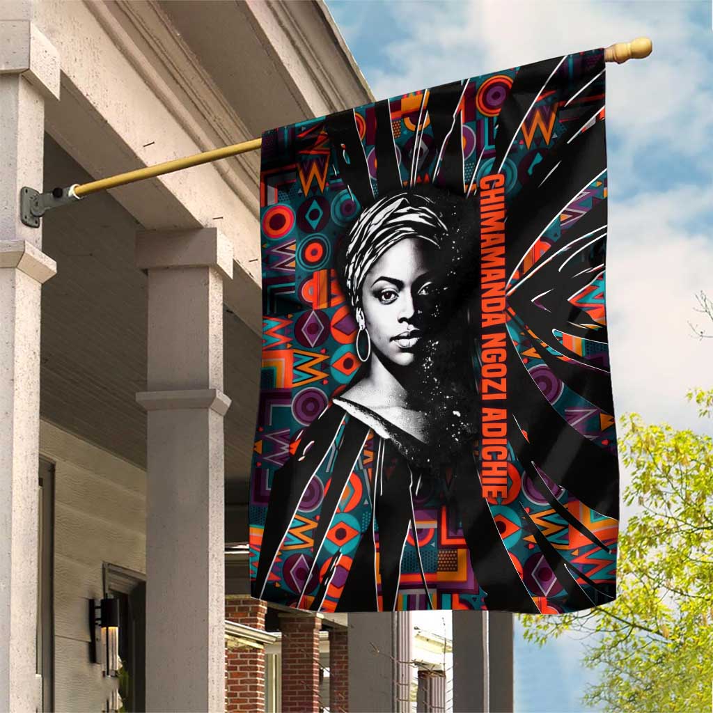 Chimamanda Ngozi Adichie Garden Flag with Monochrome Portrait, The Danger of a Single Story Quote - Wonder Print Shop