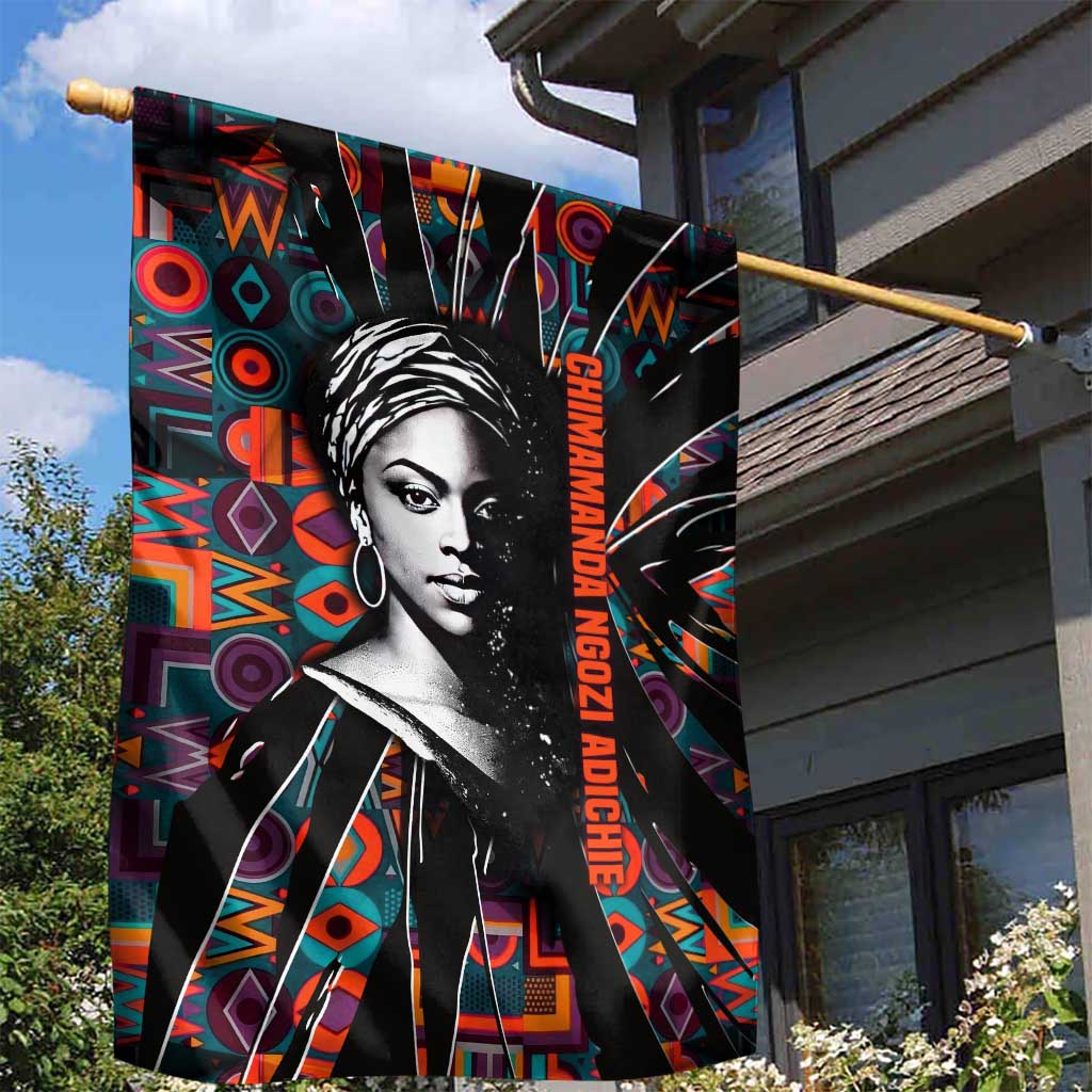 Chimamanda Ngozi Adichie Garden Flag with Monochrome Portrait, The Danger of a Single Story Quote - Wonder Print Shop