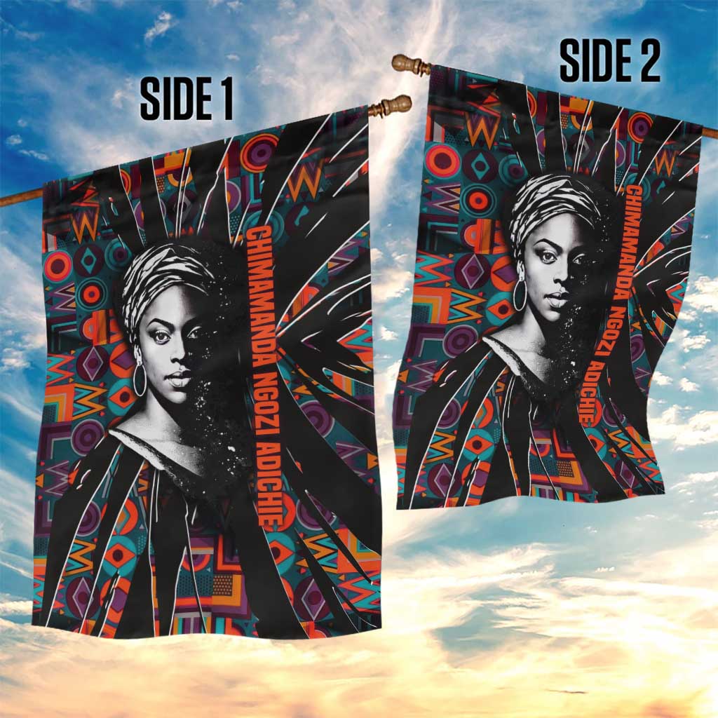 Chimamanda Ngozi Adichie Garden Flag with Monochrome Portrait, The Danger of a Single Story Quote - Wonder Print Shop