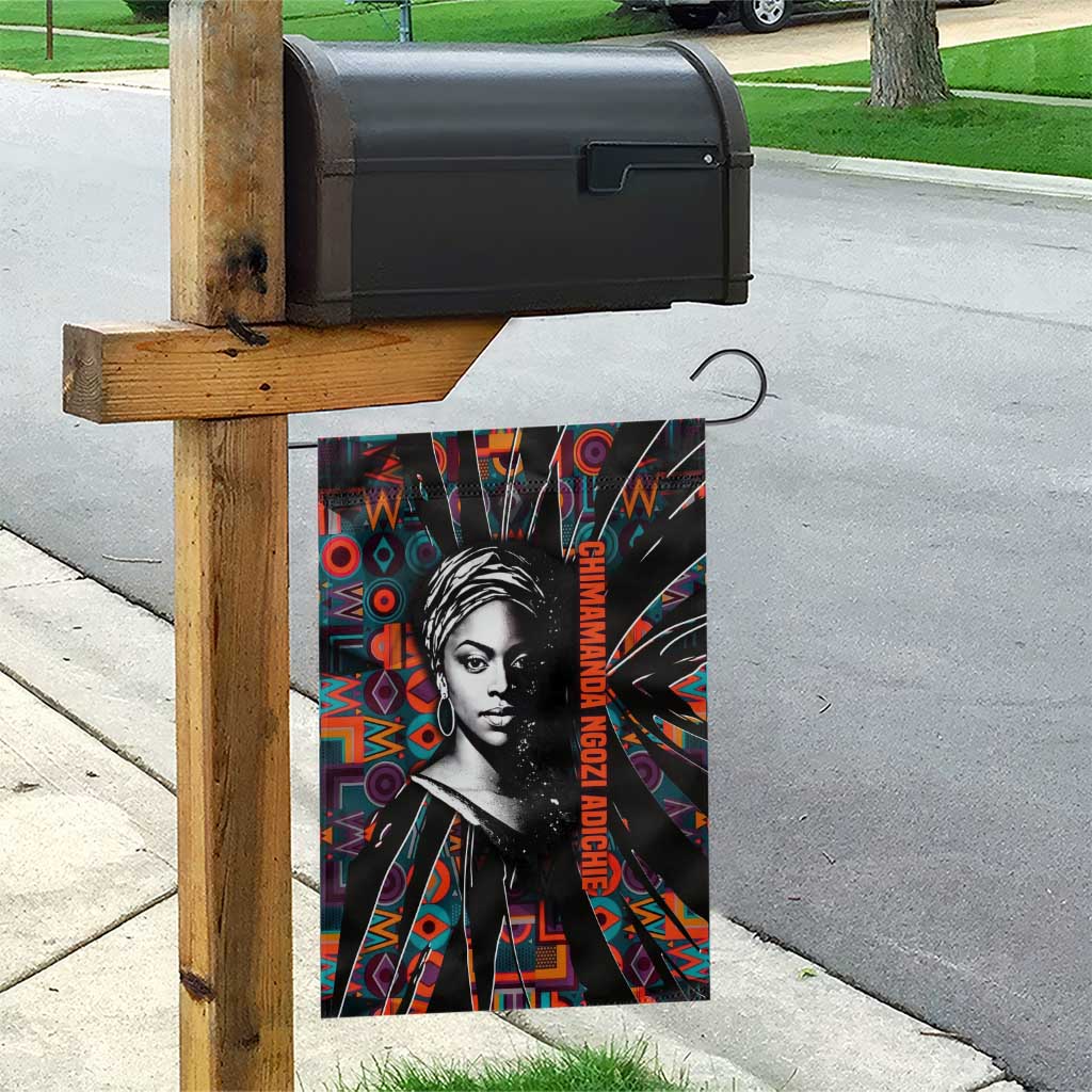 Chimamanda Ngozi Adichie Garden Flag with Monochrome Portrait, The Danger of a Single Story Quote - Wonder Print Shop