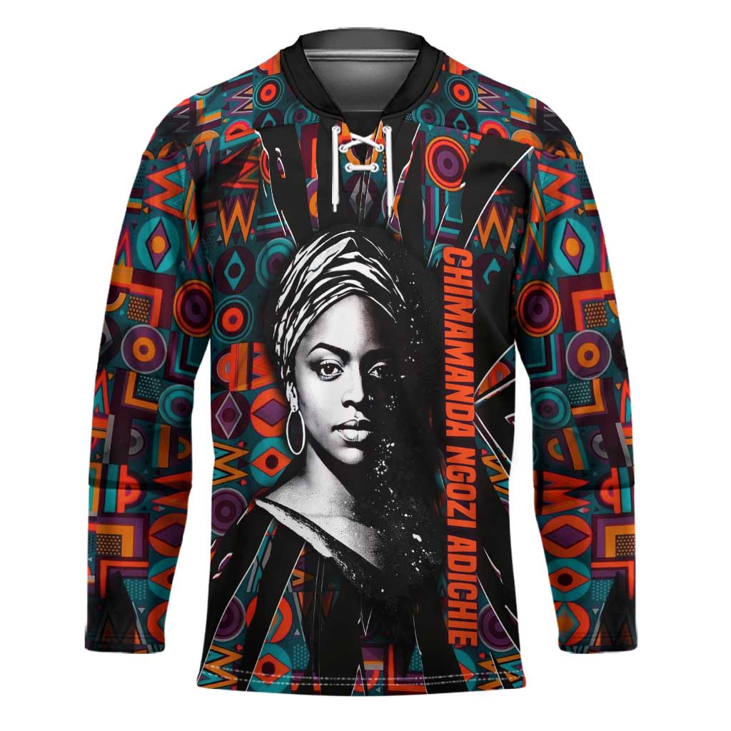 Chimamanda Ngozi Adichie Hockey Jersey with Monochrome Portrait, The Danger of a Single Story Quote - Wonder Print Shop