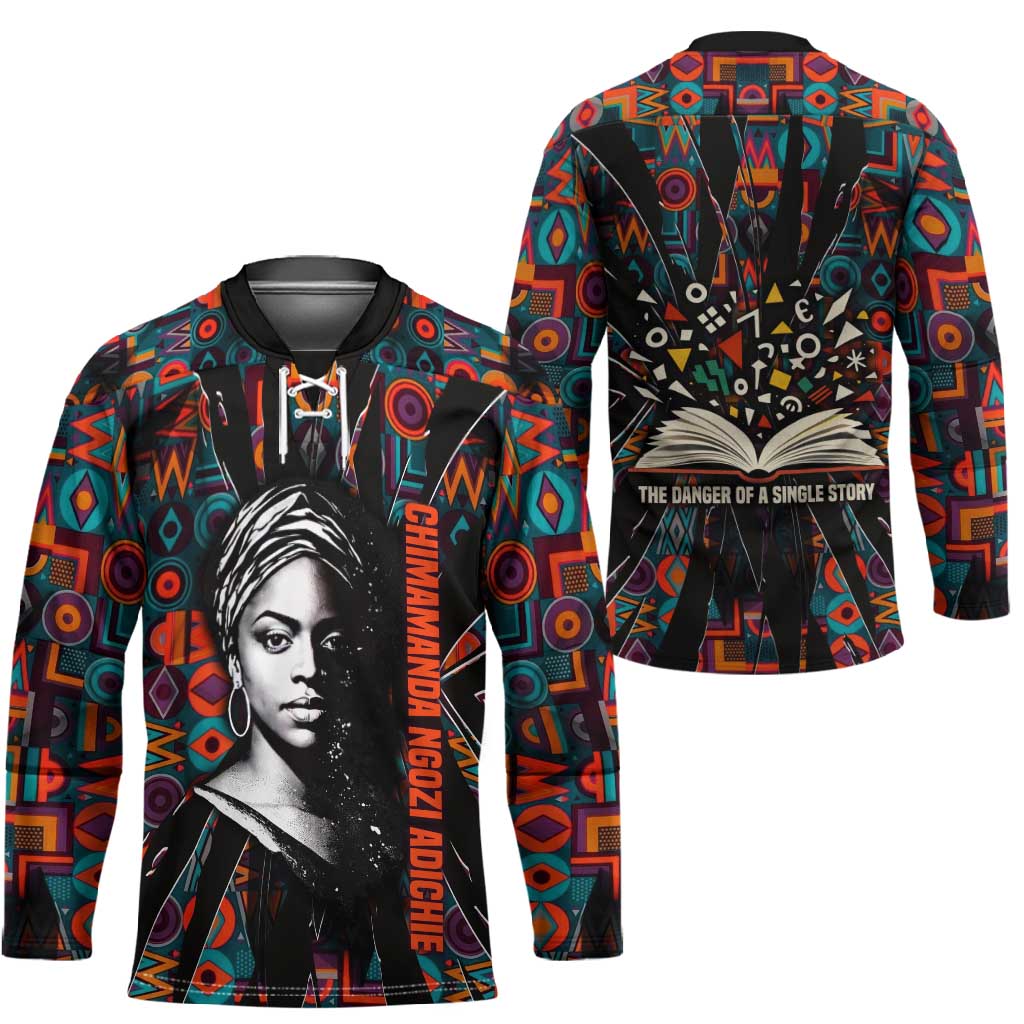 Chimamanda Ngozi Adichie Hockey Jersey with Monochrome Portrait, The Danger of a Single Story Quote - Wonder Print Shop