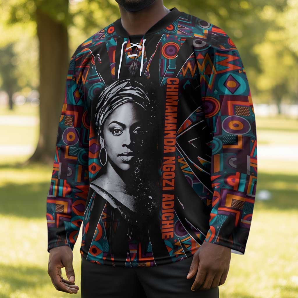 Chimamanda Ngozi Adichie Hockey Jersey with Monochrome Portrait, The Danger of a Single Story Quote - Wonder Print Shop