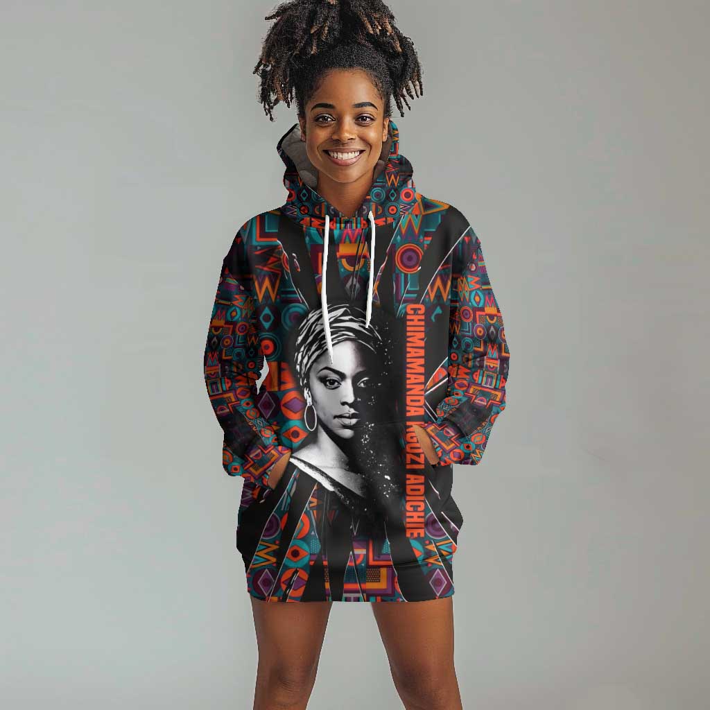 Chimamanda Ngozi Adichie Hoodie Dress with Monochrome Portrait, The Danger of a Single Story Quote - Wonder Print Shop