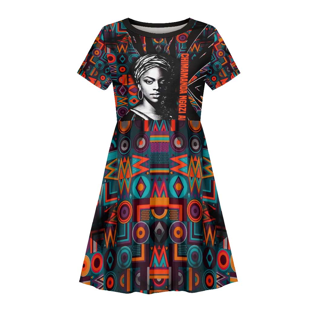 Chimamanda Ngozi Adichie Kid Short Sleeve Dress with Monochrome Portrait, The Danger of a Single Story Quote - Wonder Print Shop