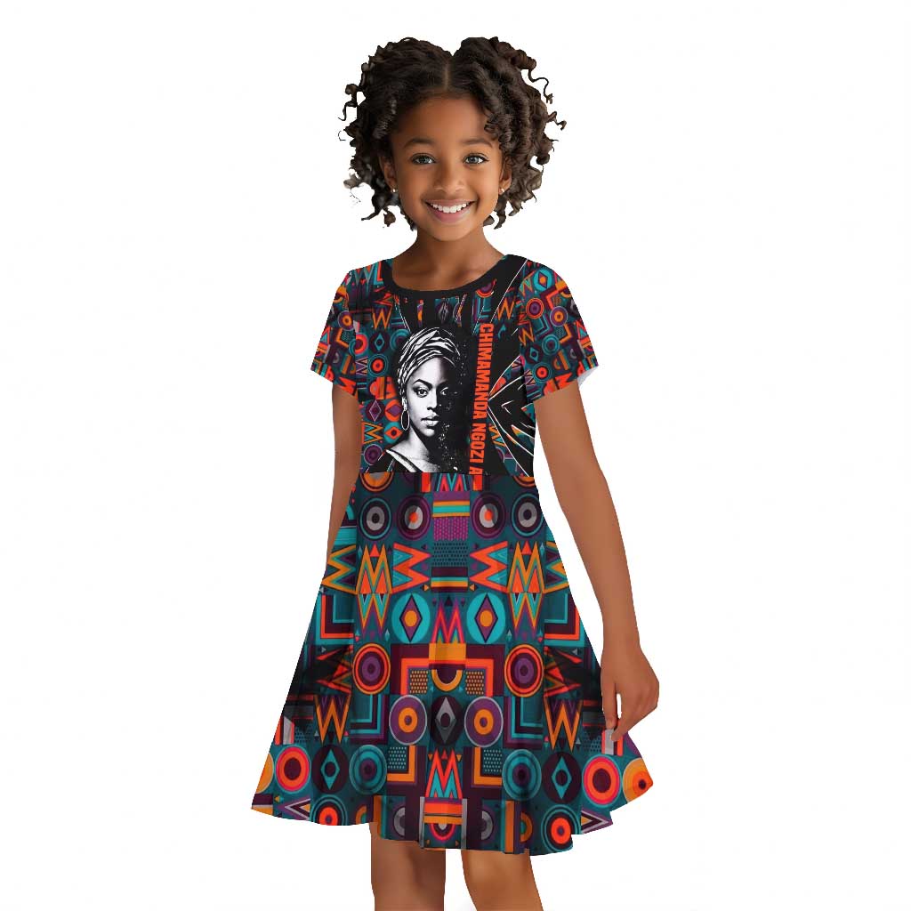 Chimamanda Ngozi Adichie Kid Short Sleeve Dress with Monochrome Portrait, The Danger of a Single Story Quote - Wonder Print Shop