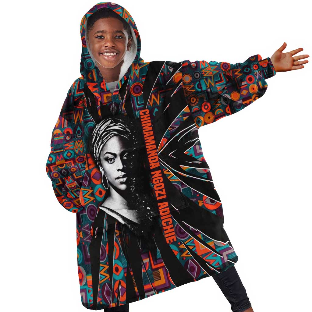 Chimamanda Ngozi Adichie Kid Wearable Blanket Hoodie with Monochrome Portrait, The Danger of a Single Story Quote - Wonder Print Shop